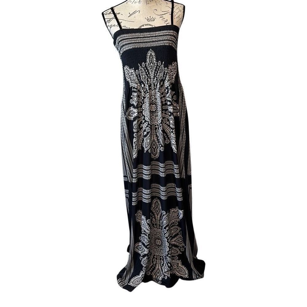 Ocean Blue Black Smocked Strappy Maxi Floral Beach Summer Dress M